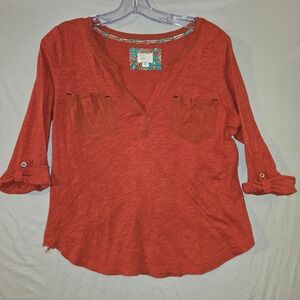 Postmark Top Medium Women Rust Orange Slub Knit Lace Roll Tab 3/4 Sleeve